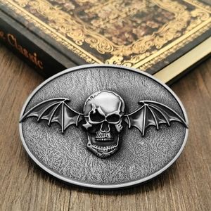 New skull with bat wings belt buckle approximately 3.75 inches wide. Fits 1.5 in